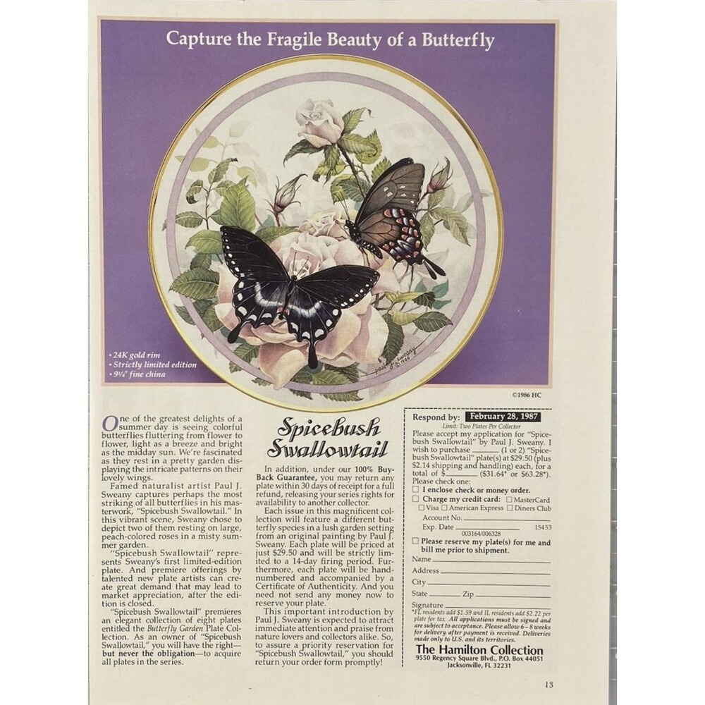 Hamilton Collection "Spicebush Swallowtail Plate" Vintage Print Ad 1987